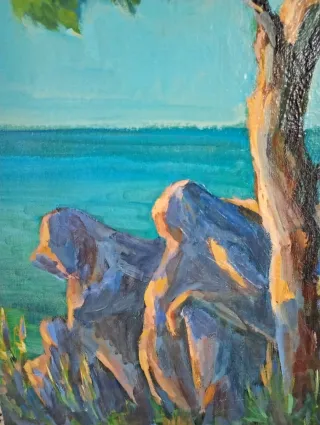 Dipinto paesaggio marino con alberi