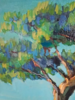 Dipinto paesaggio marino con alberi