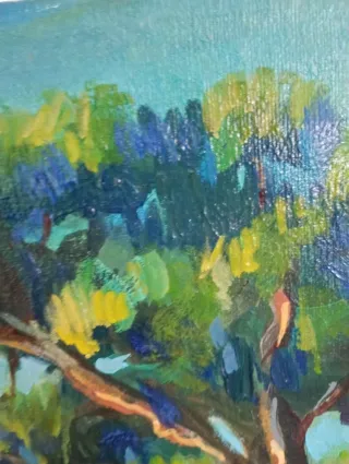 Dipinto paesaggio marino con alberi