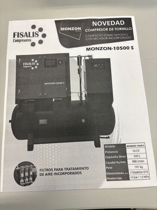Compresor Tornillo 10CV 500L 10K Secador y Filtros