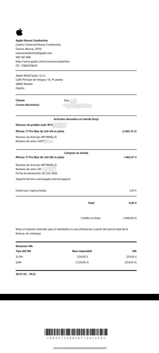 iPhone 17 Pro Max 256gb factura de Apple