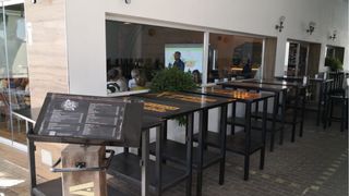 Lotto di 10 tavoli alti in legno per 6 persone