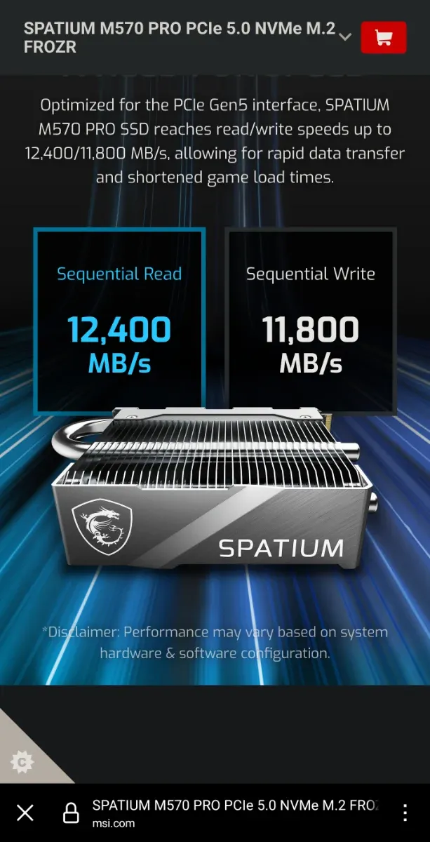 Nuevo 2TB Gen5 Nvme M.2 MSI SPATIUM PRO FROZR afbeelding 3