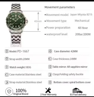 Reloj Automático Pagani Design Negro/Plata