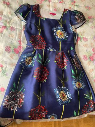 Vestido fiesta satén floral azul talla M