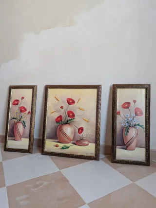 Juego 3 cuadros flores rojas