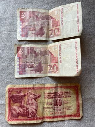 2 Banconote 20 Kuna Croazia + 1 Banconota 100 Dina