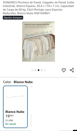 SONGMICS Perchero Pared Metal Blanco