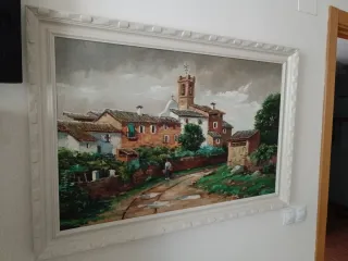 Cuadro al óleo paisaje pueblo, artista M Fernández