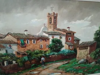 Cuadro al óleo paisaje pueblo, artista M Fernández