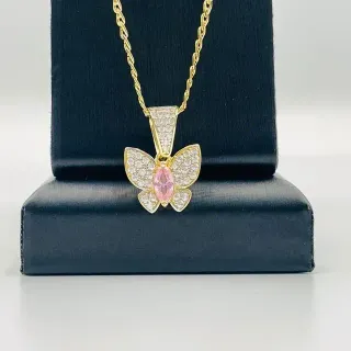 Colgante Mariposa Pequeña 18K con Piedra Rosa