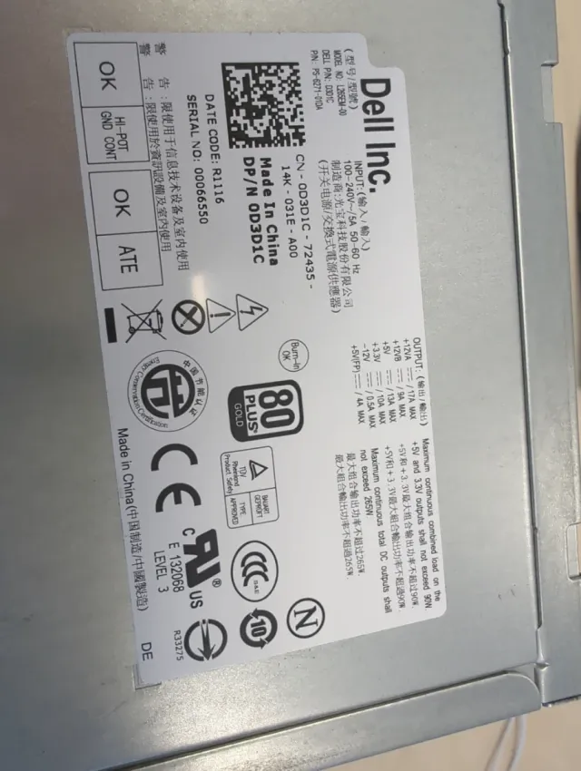 Fuente Alimentación PC Dell L265EM-00 265W