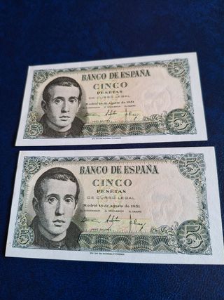Pareja correlativa de Billetes 5 Pesetas 1951