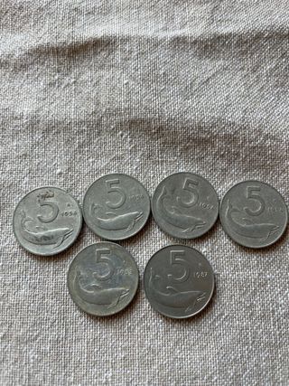6 Monete 5 Lire Italiane Delfino