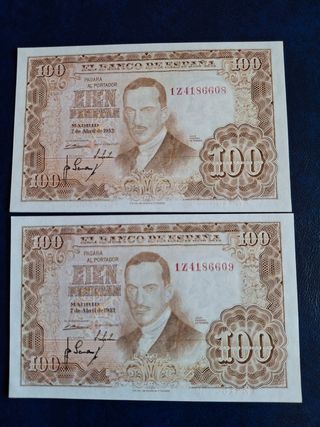 Pareja billetes 100 pesetas 1953 correlativos