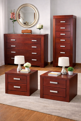 Dormitorio madera maciza: 2 cómodas + 2 mesitas