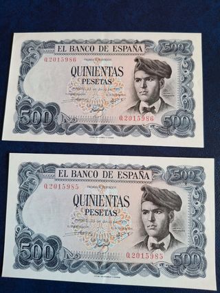 Pareja de billetes 500 pesetas 1971 correlativos