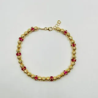 Pulsera Bolas Diamantadas y Piedras Rojas 18K