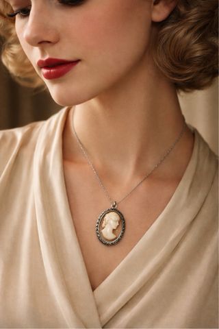 Antico cammeo conchiglia, argento e marcasiti