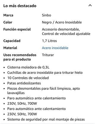 Batidora Sinbo 1.7L 700W + Molinillo