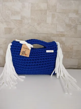 Borsa uncinetto blu con frange bianche/handmade