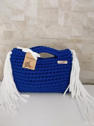 Borsa uncinetto blu con frange bianche/handmade