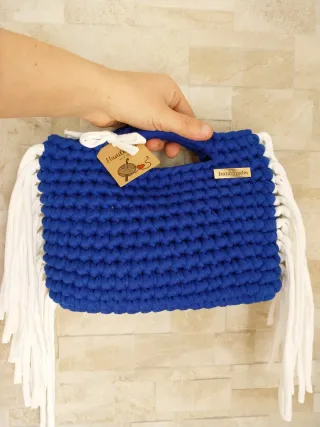 Borsa uncinetto blu con frange bianche/handmade