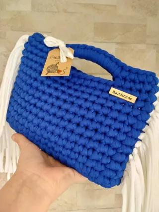 Borsa uncinetto blu con frange bianche/handmade