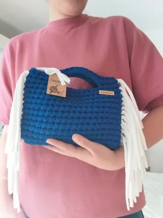 Borsa uncinetto blu con frange bianche/handmade