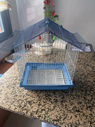 Jaula para pájaros azul y plateada
