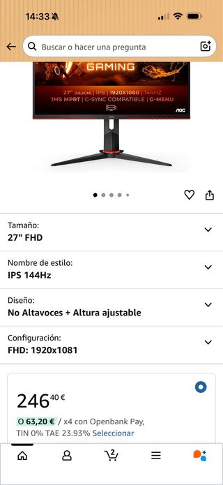 Monitor da gioco AOC Gaming 27 FHD 144Hz, risposta 1ms