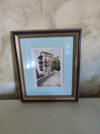 Cuadro acuarela casa con balcones