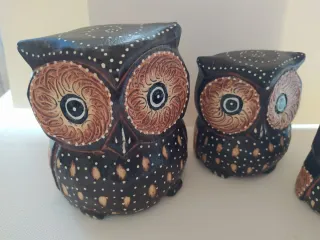 Set di 3 gufi in legno di cocco