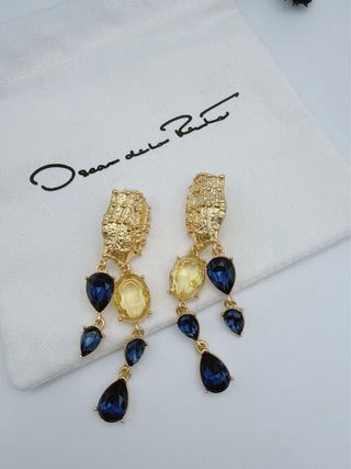Brincos Oscar de la Renta Dourados Pedras Azuis