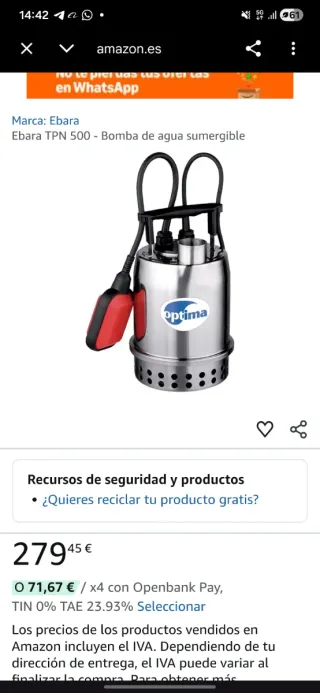 Bomba Sumergible Ebara Optima Nueva