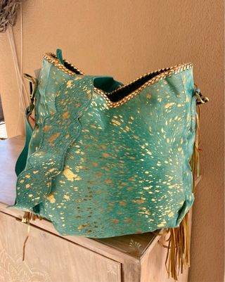 Bolso Bohemio Turquesa Piel Dorado