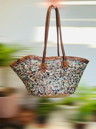 Borsa spiaggia cuoio,paglia e paillettes