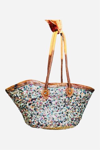 Borsa spiaggia cuoio,paglia e paillettes