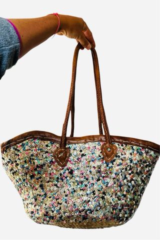 Borsa spiaggia cuoio,paglia e paillettes