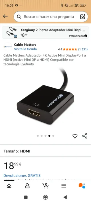 Cable Matters Adaptador Mini DP a HDMI 4K