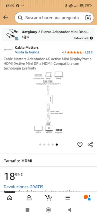 Cable Matters Adaptador Mini DP a HDMI 4K