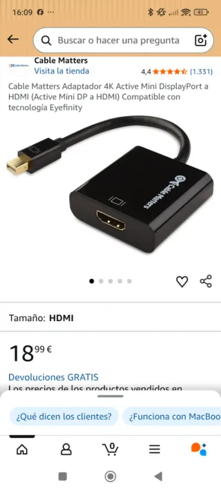 Cable Matters Adaptador Mini DP a HDMI 4K