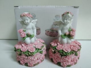 2 joyeros ángeles querubines en corazón con rosas