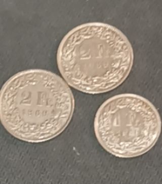 3 Monete Svizzere 2Fr e 1Fr 1969