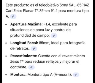 Teleobjetivo Sony Zeiss 85mm f/1.4 SAL-85F14Z