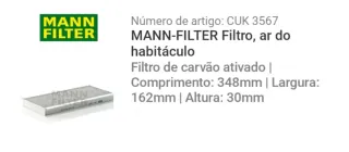 Filtro de habitáculo Mann Filter CUK 3567 ford