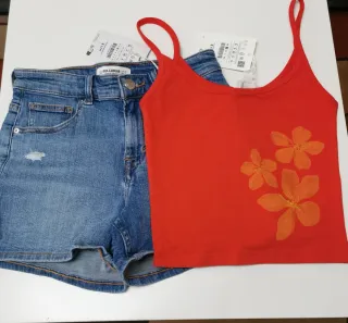 Lote Pull&Bear S Camiseta Roja y Shorts Vaqueros