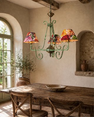 Lámpara forja vintage verde envejecido con flores