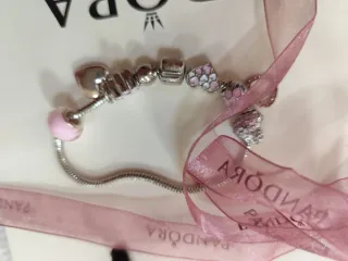 Pulsera Pandora Corazón y Flor Rosa Plata