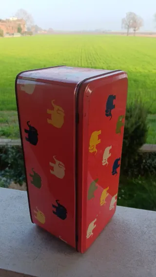 Scatola di latta vintage con elefanti